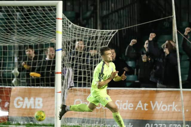 Davide Rodari celebrates a goal for Hastings at Whitehawk / Picture: Scott White