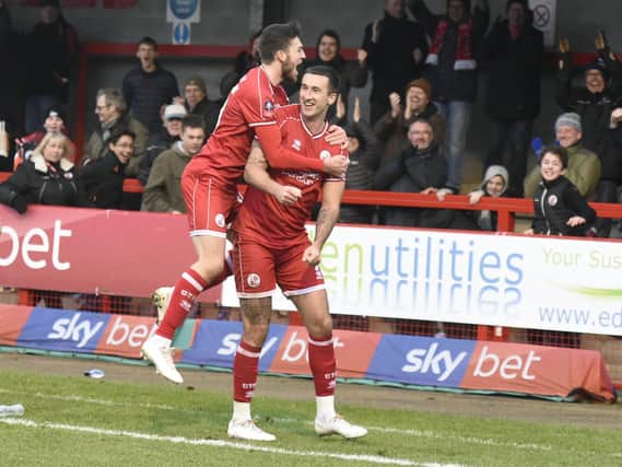 Before the lockdown ... goal celebrations for Crawley Town / Picture: Liz Pearce