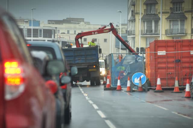 Roadworks on Hastings seafront by Pelham Place. SUS-200114-141601001