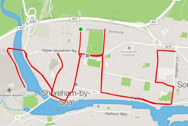 Adam Bronkhorst's cycle across Shoreham, plotted on the Strava app