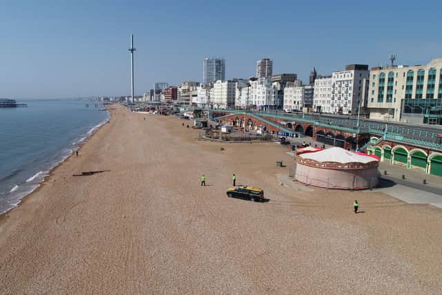 An image of Brighton Beach, shot by drone with police permission