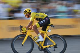 Colombian Egan Bernal of Team Ineos wearing the yellow jersey pictured in action during the final stage of the 106th edition of the Tour de France cycling race, from Rambouillet to Paris Champs-Elysees (128km), France, Sunday 28 July 2019. (Photo credit:DAVID STOCKMAN/AFP via Getty Images)