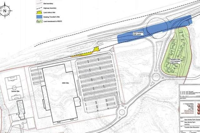 The blue is the location of the existing gypsy and traveller site, it is planned to be relocated to the green area