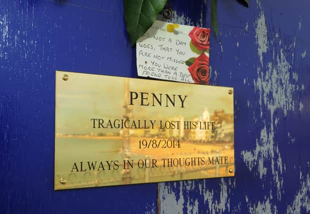 Floral tribute and plaque at Eastbourne Pier for Stephen Penrice (Pic by Jon Rigby) SUS-150819-200307008