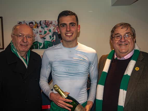 Harry Kavanagh picks up the MoM award after Bognor's game with Worthing from members of the London & South East Rocks / Picture: Tommy McMillan