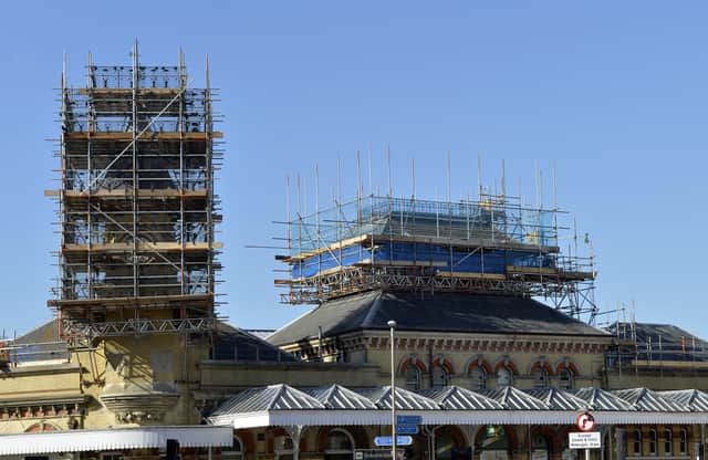 Scaffolding around clock tower and roof above Eastbourne Railway Station (Photo by Jon Rigby) SUS-191104-100844008
