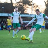 Dan Smith scores Bognor's equaliser against Kingstonian in Febraury - one of 25 goals he has scored for the Rocks this season / Picture: Chris Hatton