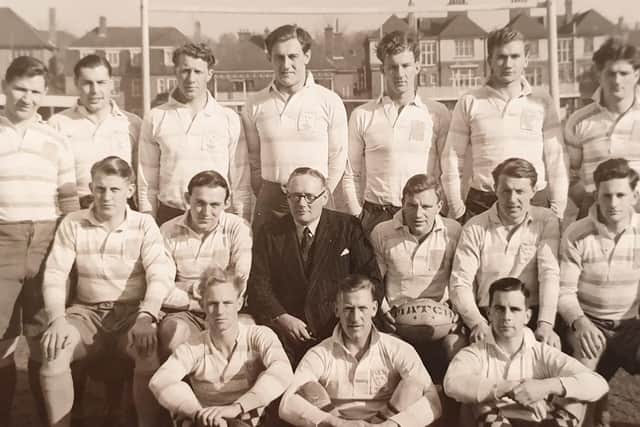 Brian Luard (sitting on the ground, far left) with his Eastbourne 1st XV team mates in the 1950s