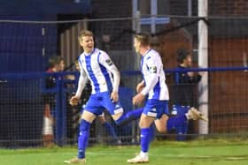 Callum Saunders celebrates a goal for Haywards Heath Town. Picture by Grahame Lehkyj