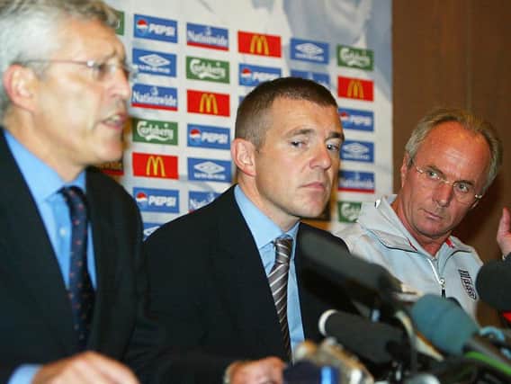 From left FA chief Mark Palios and Paul Barber alongside England coach Sven Goran Eriksson during a press conference discussing the possibility of England players boycotting their game against Turkey