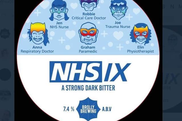 The pump clip showing the cartoon faces of six NHS heroes