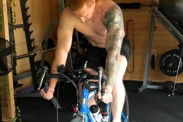Using a swimming pool borrowed from one of his clients and a turbo trainer, Rob will swim for an hour and a half before cycling 112 miles