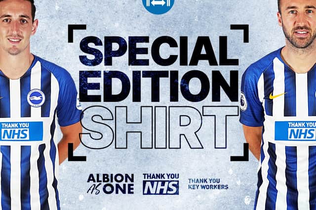 Lewis Dunk and Glenn Murray in the special edition Albion shirt