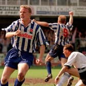 Robbie Reinelt celebrates his famous equaliser at Hereford in 1997.