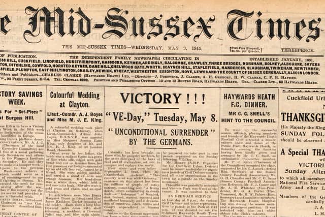 Front page of The Mid Sussex Times on Wednesday, May 9, 1945