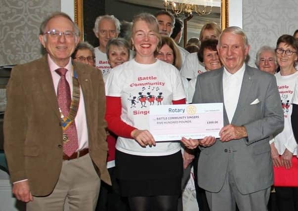 Battle Rotary Club donating £500 to Battle Community Singers in January 2018 as a contribution towards the cost of the choir’s participation in the Festival of Choirs at Stratford in March 2017. SUS-180116-151152001