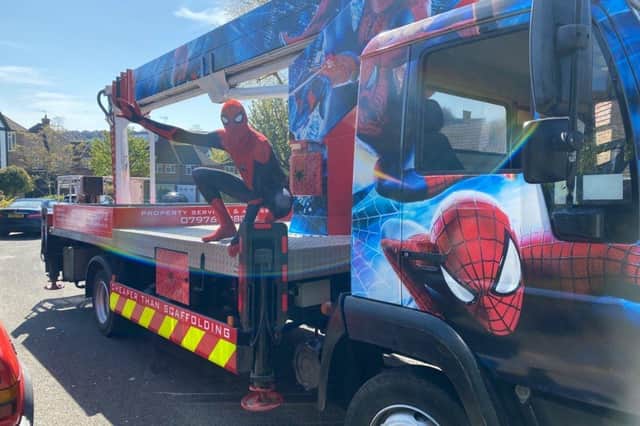 Alan Harwood as Spider-Man during his amazing truck visits SUS-200505-162434001