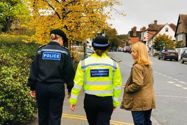 Deputy Chief Constable Jo Shiner on patrol in Hartfield, East Sussex, with Sussex Police and Crime Commissioner Katy Bourne and Rural Crime PCSO Olivia Clinton