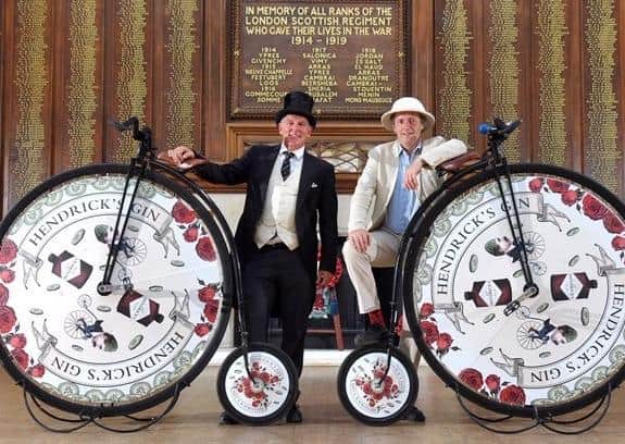 FREE TO USE

Caption:  Neil Laughton and David Fox-Pitt MBE prepare for their ride from Lands End to John O'Groats on Penny Farthing bicycles sponsored by Hendrick's Gin. SUS-200705-101508001