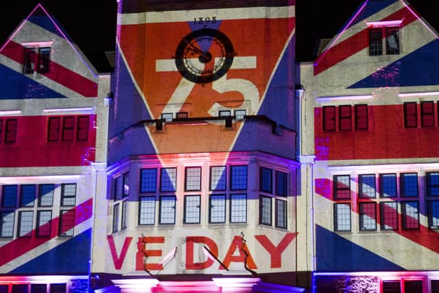 The front of Roedean School in Brighton, Sussex is lit up wit the Union Jack and to celebrate VE Day 75th anniversary ***Pic by David McHugh / Brighton Pictures SUS-200705-144328001