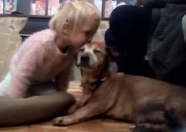 One of Maryann’s grandchildren with Lucy, a cross Staffy/Jack Russell