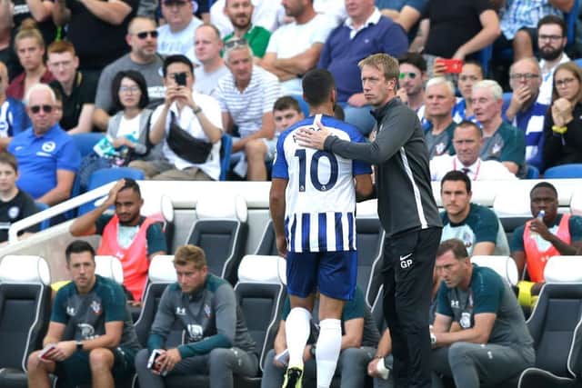 Graham Potter with Florin Andone after his red card against Southampton at the Amex last August