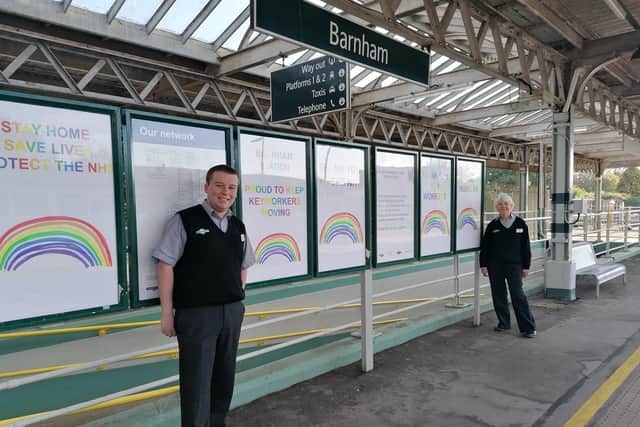 Karl Wingate and Gill English with their messages of support at Barnham railway station