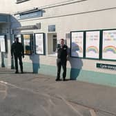 Jethro Kandasamy, Karl Wingate and Gill English with their messages of support at Barnham railway station