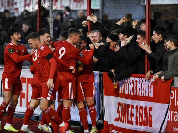 Worthing celebrate a goal v Horsham in their table-topping 2019-20 season