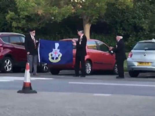 Suitedin regimental veterans' blazers and badges, Dave Tilley, Bill Dixon andJohn Walters carried a regiment to salute the NHS staff at 8pm. Video shared by Barbara Patel