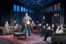 Hugh Bonneville (centre) & company in Chichester Festival Theatre's AN ENEMY OF THE PEOPLE Photo Manuel Harlan