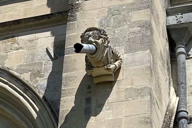 Modern gargoyle representing Clifford L Hodgetts OBE DL, former Clerk to the Dean and Chapter of Chichester Cathedral
