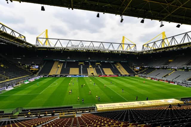A general view inside the stadium during the Bundesliga match between Borussia Dortmund and FC Schalke 04 at Signal Iduna Park on May 16, 2020. The Bundesliga and Second Bundesliga is the first professional league to resume the season after the nationwide lockdown due to the ongoing Coronavirus (COVID-19) pandemic. All matches until the end of the season will be played behind closed doors. (Photo by Heinz Buese/Pool via Getty Images)