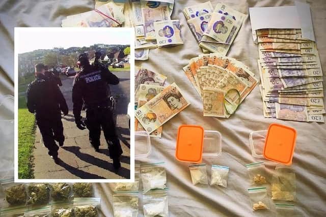 The drugs and cash seized and (inset) police in action in Saltdean