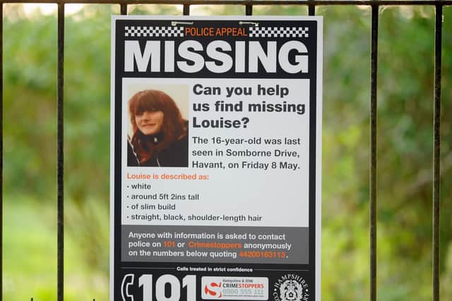 A body has been found in Havant Thicket. Police were at the scene on Thursday evening, May 21.  Pictured is: Posters up of missing girl Louise Smith at the entrance of Staunton Country Park.  Picture: Sarah Standing (210520-2527) PPP-200521-215329003