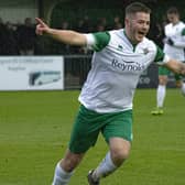 Brad Lethbridge after a Bognor goal against East Thurrock in the FA Trophy / Picture: Tommy McMillan