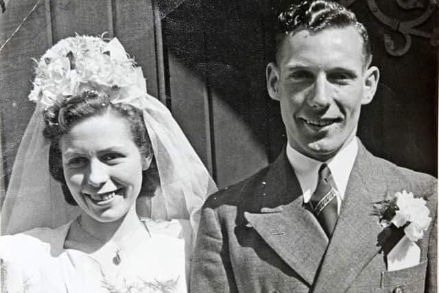 Pat and Ron Wood on their wedding day, April 23, 1949
