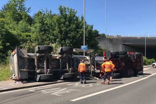 The overturned lorry between Coldean Lane and the A27 Stanmer Park area - Photo by Rob Carron SUS-200530-154818001