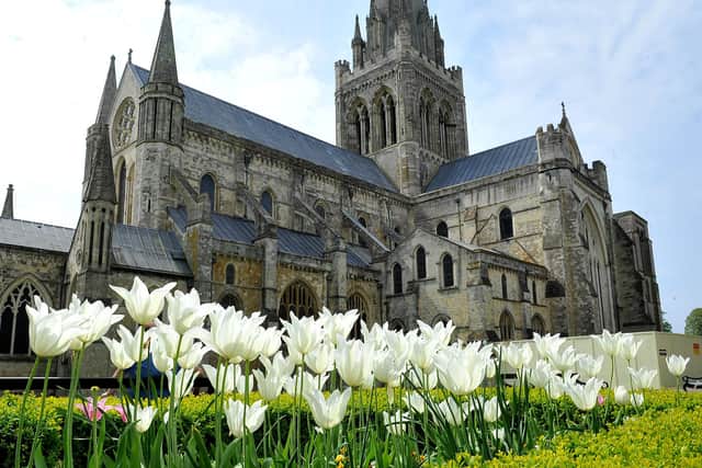 Tulips outside Chichester Cathedral during lockdown