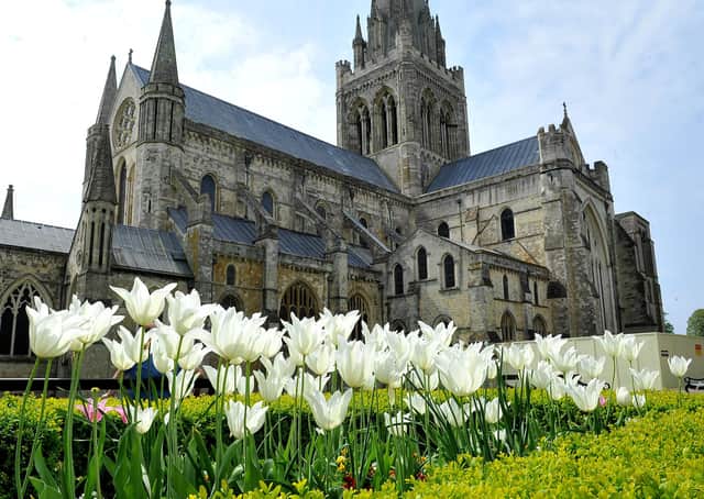 Tulips outside Chichester Cathedral during lockdown