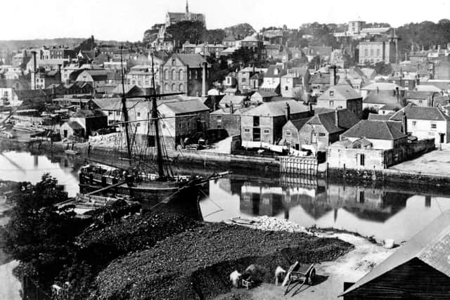 View over Arundel port, showing coal wharf with the brig Ebenezer, around 1890