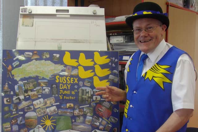 Sussex Day at Bexhill Museum.
Margaret Garcia pics.
Cllr Paul Lendon beside a collage made for him by Libby. SUS-140617-071455001