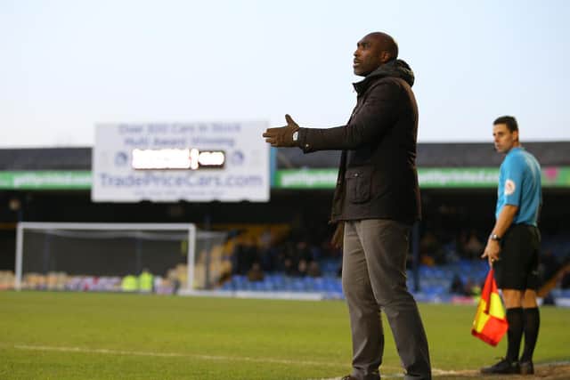 Sol Campbell in the dugout at Roots Hall, Southend, where Crawley fans will look forward to visiting / Picture: Getty