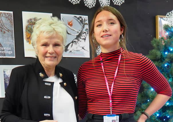 Dame Julie Walters with Collyer's student Charlotte Williams SUS-200615-130815001