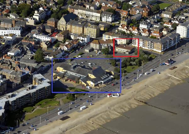 Aerial view of Bognor Regis. The old fire station building is highlighted in red and the Regis Centre site in blue