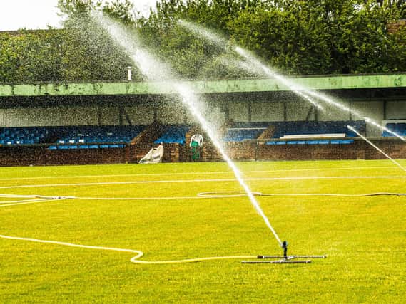 Pitch watering continues in front of the main stand, which is to be demolished as part of the ground's revamp this summer / Picture: Tommy McMillan