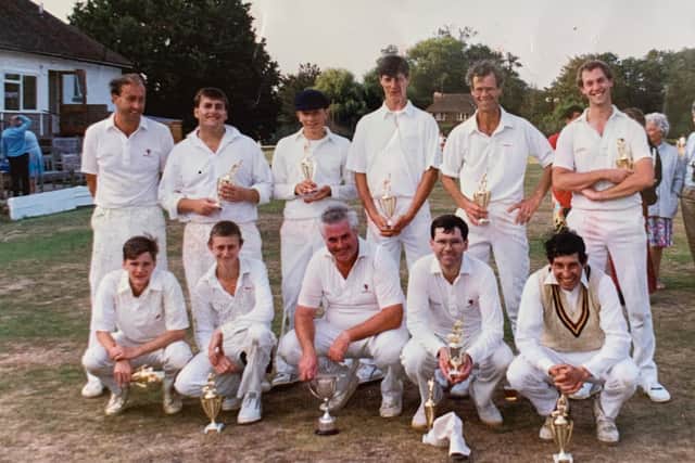 Nick is pictured above back row, second from left, with his Horsham teammates after winning the final of the 2nd XI 45 over KO for The Tony Millard Trophy in 1990 against Brighton & Hove. The team was (back Row left to right) Mark Upton, Nick Denman, Christian Bates, Mark Jeffries, Christopher Martin-Jenkins, Tim Dodd and (front row) Richard Smith, Sean Humphries, Paul Baker, Steve Pheasant, Barry Peay.