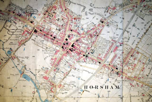 Horsham Ordnance Survey map c1875, used by solicitors to plot licensed premises
