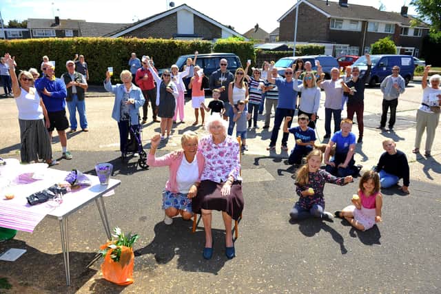 Big gathering in the street for Joan Finlay on her 100th birthday. Picture: Steve Robards SR2006201