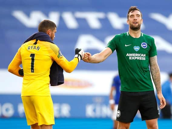 Maty Ryan and Shane Duffy congratulate each other on a clean sheet and another hard-earned point at Leicester